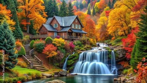 Beautiful house in forest surrounded by greenery and colorful trees  with flowing waterfall