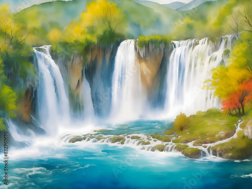 Kravica WaterfallBosnia and Herzegovina Country Landscape Watercolor Illustration Art	 photo