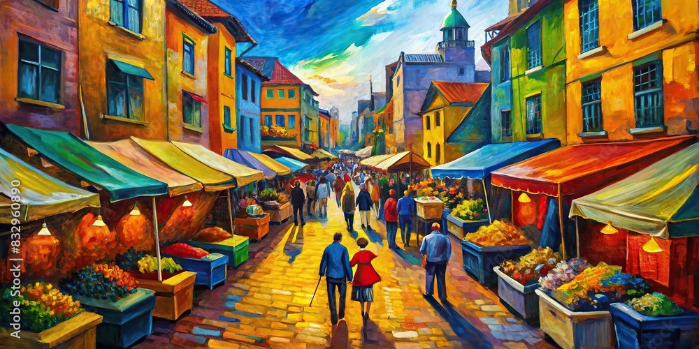 Expressionist market street with exaggerated perspectives and bold colors