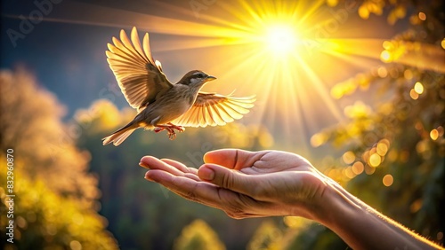 A pair of hands gently releasing a bird into the morning sunlight photo