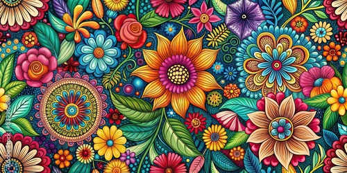 Colorful abstract floral pattern with vibrant hues and intricate designs