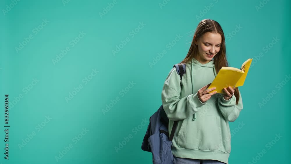 Young girl reading book, enjoying hobby, being entertained, isolated over studio background. Upbeat woman with novel in arms relaxing, having fun with interesting story, camera B Young girl reading book, enjoying hobby, being entertained, isolated over studio background. Upbeat woman with novel in arms relaxing, having fun with interesting story, camera B