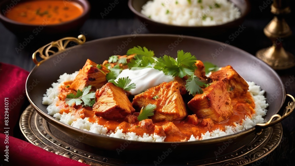 Essence of Chicken Tikka Masala, A Minimalist Culinary Experience with Spiced Rice and Accompanying Dips Essence of Chicken Tikka Masala, A Minimalist Culinary Experience with Spiced Rice and Accompanying Dips