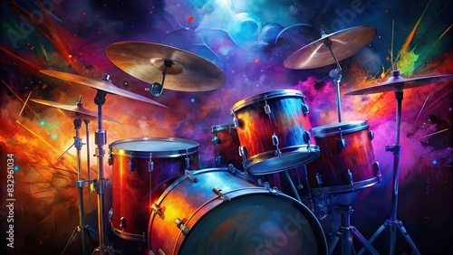 of a vibrant drum set with brushstrokes and vibrant colors for music, percussion, and rock band enthusiasts