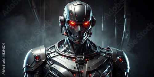 Black robot android cyborg with sleek metallic armor and glowing red eyes on a dark background photo