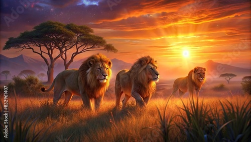 Wild lions roaming in the African savannah at sunset, enhanced with a glowing effect #832961407