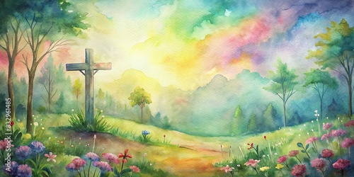 Serene landscape with cross on grassy field surrounded by colorful flowers and trees, symbolizing peace and spirituality photo