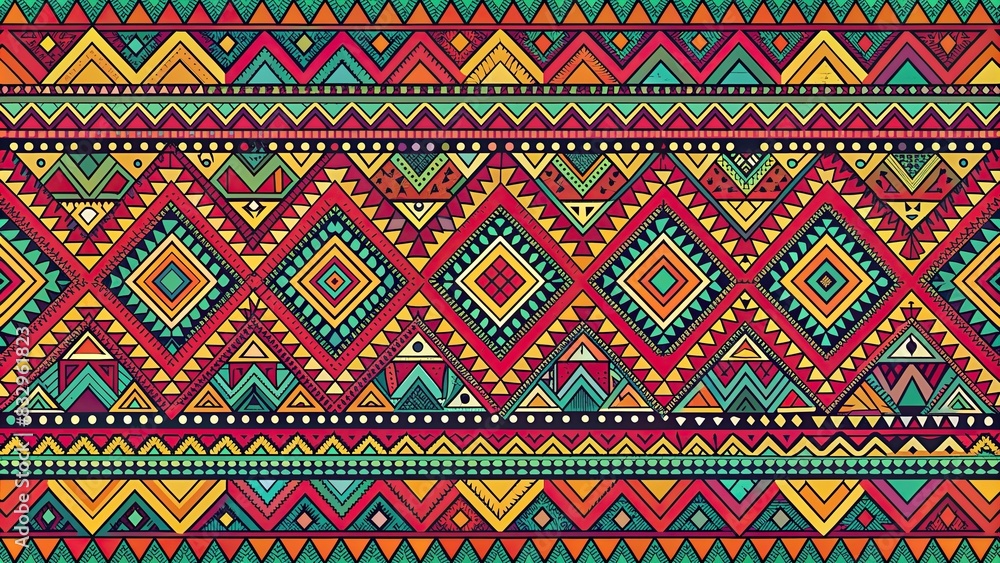 Vibrant hand drawn ethnic tribal repeat pattern design
