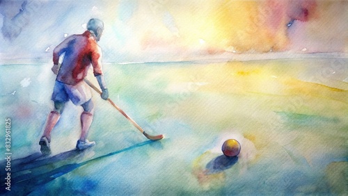 Field hockey ball in sharp focus with player and stick approaching in background, watercolor photo