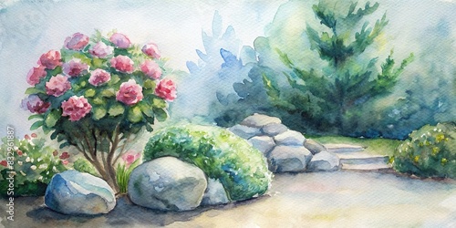 Small garden with stone bush and flowers  watercolor painting