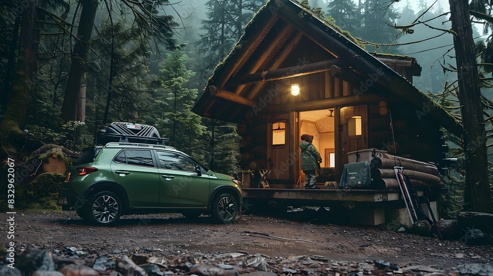 Fototapeta premium a green car with luggage ready for summer holidays in 3D rendering