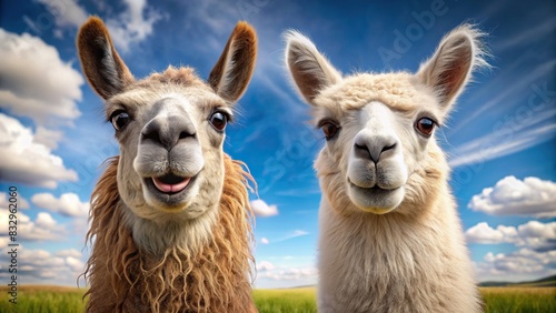 Funny cartoon of an alpaca and a llama standing together with silly expressions