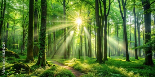 Lush green forest with sunlight filtering through the trees