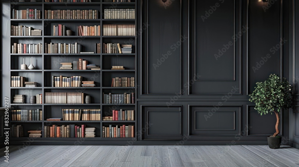 A large, modern bookshelf with a neatly arranged collection of books.