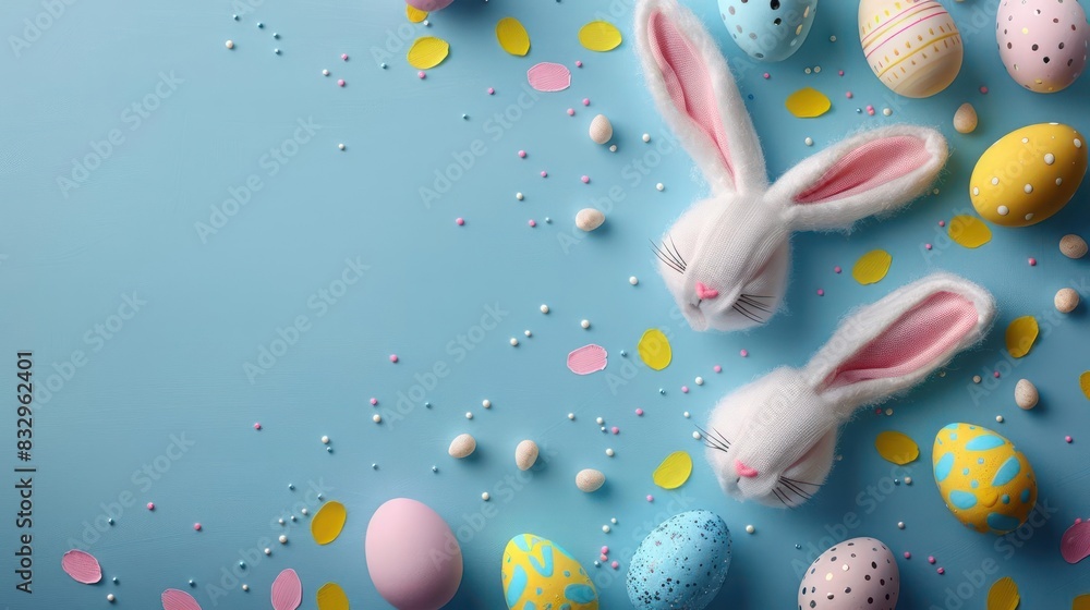 Celebration of Colors, Two Cheerful Easter Bunnies Amidst a Kaleidoscope of Easter Eggs and Confetti on a Blue to White Gradient Background Celebration of Colors, Two Cheerful Easter Bunnies Amidst a Kaleidoscope of Easter Eggs and Confetti on a Blue to White Gradient Background