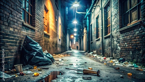 Dark alleyway with discarded drug paraphernalia representing the harsh reality of substance addiction photo