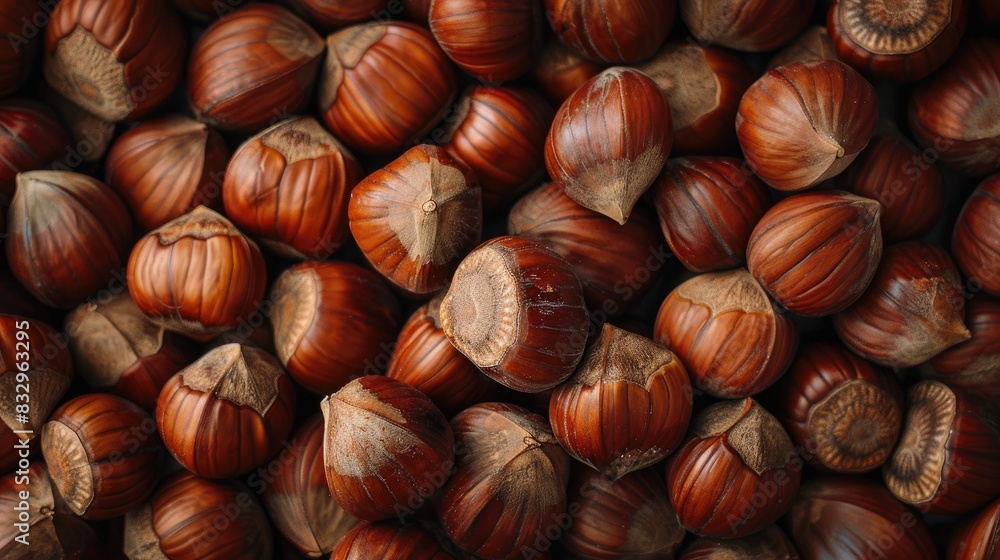 Obraz premium Close up top view of fresh edible chestnuts as a background