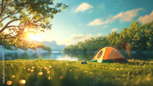 A cute tent on grassland by a beautiful lake, beautiful miniature scenery, tilt-shift photography photo