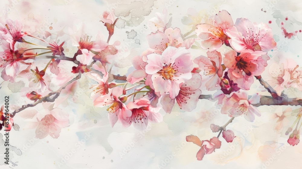 A detailed watercolor of a cherry blossom branch showcasing the delicate pink flowers and intricate branches.