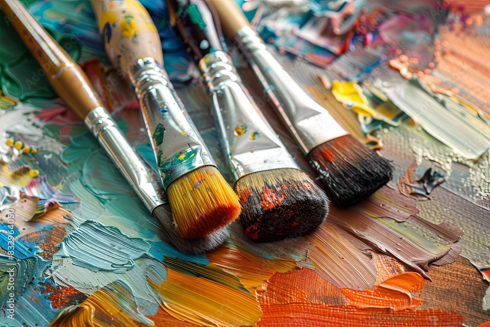 Fototapeta premium Paint, art, brush, palette, paintbrush, painting, artist, Vibrant Oil Painting
