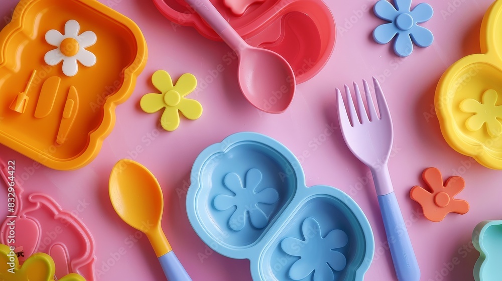 Detailed close-up of microwavable eco-friendly princess-shaped silicone plate set, spoon, fork, and glass with vibrant children's meals, isolated background, studio lighting Detailed close-up of microwavable eco-friendly princess-shaped silicone plate set, spoon, fork, and glass with vibrant children's meals, isolated background, studio lighting