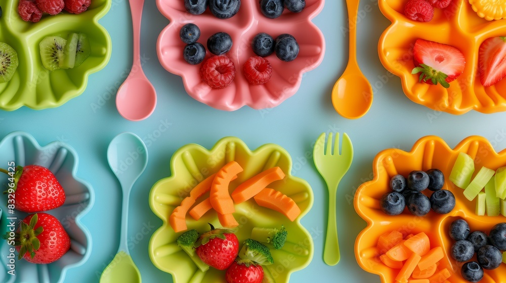 Detailed close-up of microwavable eco-friendly princess-shaped silicone plate set, spoon, fork, and glass with vibrant children's meals, isolated background, studio lighting Detailed close-up of microwavable eco-friendly princess-shaped silicone plate set, spoon, fork, and glass with vibrant children's meals, isolated background, studio lighting