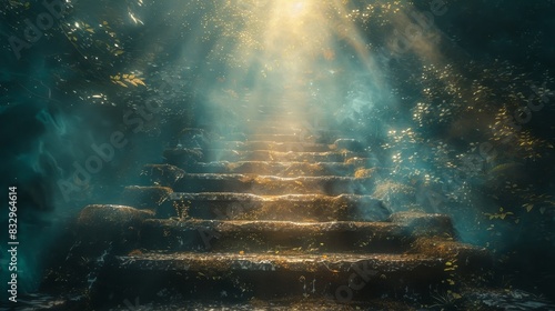 Detailed close-up of a divine stairway to heaven, featuring intricate carvings, shimmering steps, and a heavenly glow photo