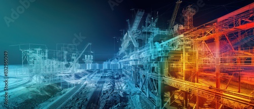 collage wallpaper of lidar point clouds of big industrial facilities on a ground level, amazing perspective and composition