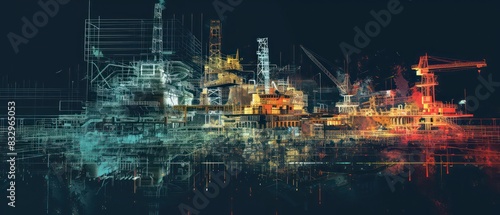 Fototapeta Naklejka Na Ścianę i Meble -  collage wallpaper of lidar point clouds of big industrial facilities on a ground level, amazing perspective and composition