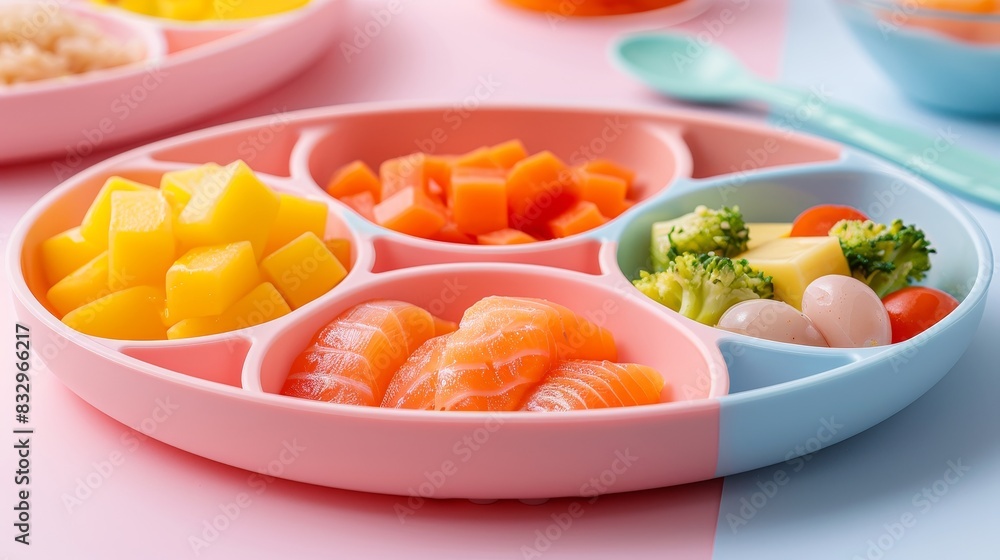 Close-up view of microwavable toddler dinnerware set with princess-shaped plates, divided sections, spoon, fork, and glass, showcasing vibrant food, isolated background, studio lighting