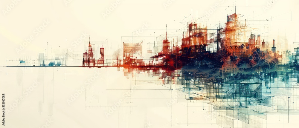 Obraz premium abstract digital wallpaper with architecture and engineering wire frame graphic elements on a white background