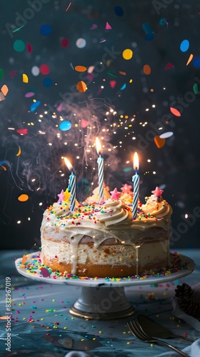 Brightly colored birthday cake with lit candles and confetti in the air. surprise cake decoration