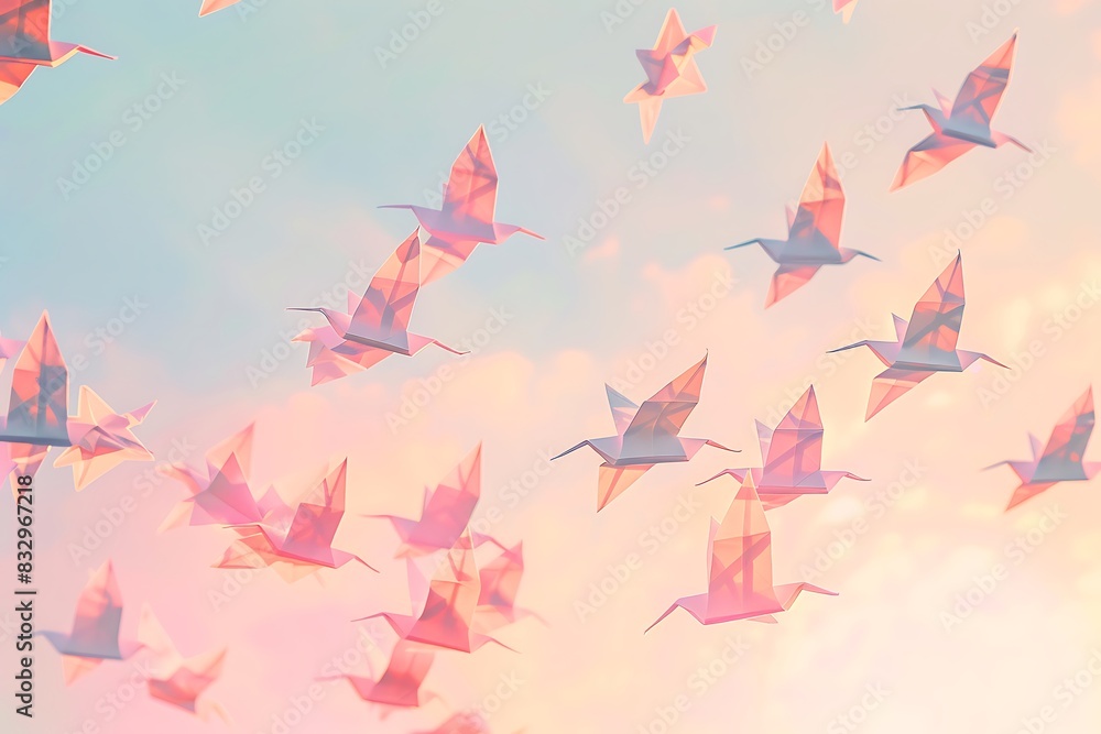 A flock of origami birds taking flight in unison against a pastel sky