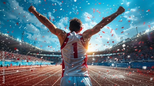 Olympic Winner in Sportswear Celebrating on Track with Red Confetti