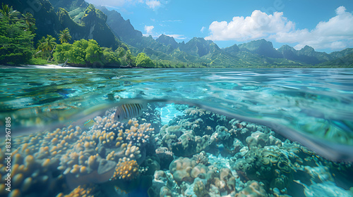 A serene nature coral atoll scene with exotic fish swimming among the corals, the water crystal clear