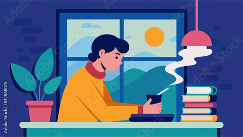 Gently cradling a steaming mug of tea the writer takes a seat at their writing desk by the window ready to let the words flow onto the page.. Vector illustration