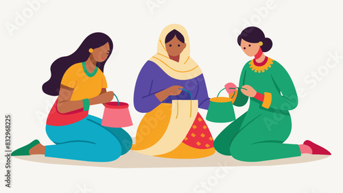 A group of women embroidering fabrics with colorful threads each adding their own unique touch to the design.. Vector illustration