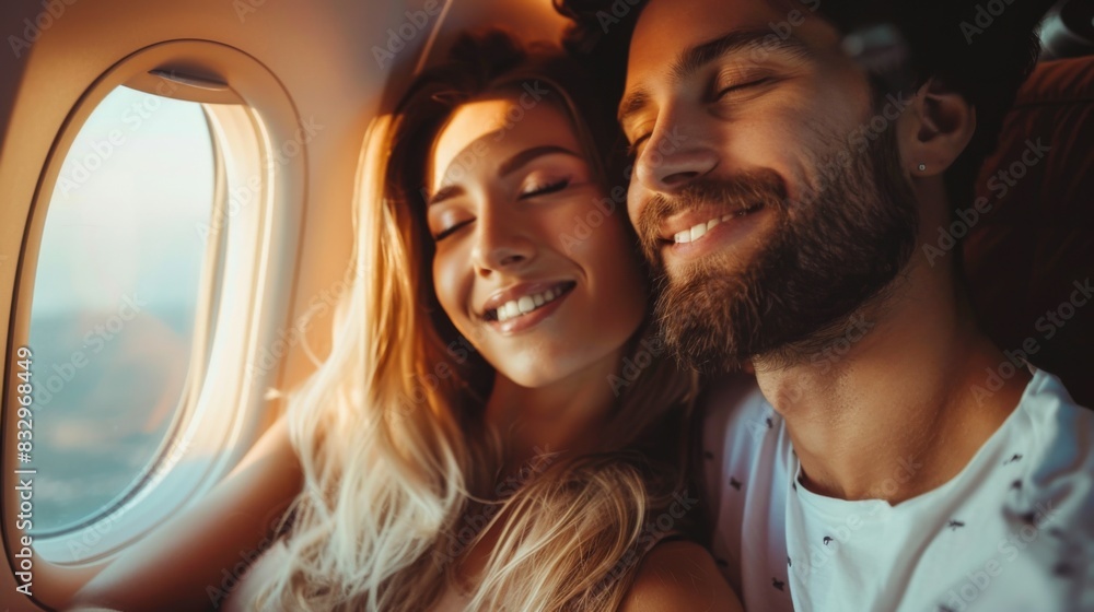 young man and a woman sitting side by side in airplane seats