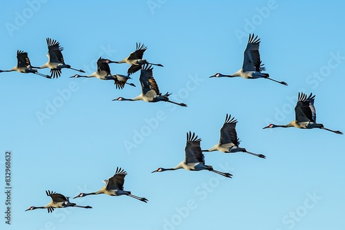 A formation of Common cranes flying in a perfect V-formation across a clear blue sky. Depict the synchronized flight pattern and the vastness of the sky with a high degree of realism. photo