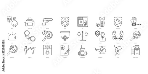 Police icons set. Set of editable stroke icons.Set of Police