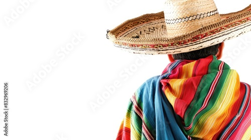 Comical person in a traditional Mexican hat standing alone on a white background photo