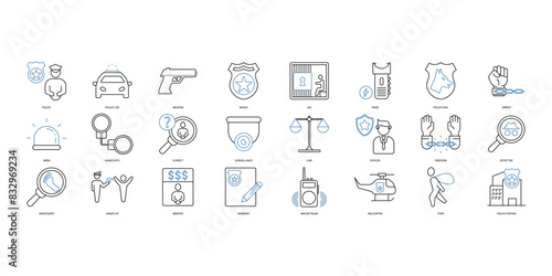 Police icons set. Set of editable stroke icons.Set of Police