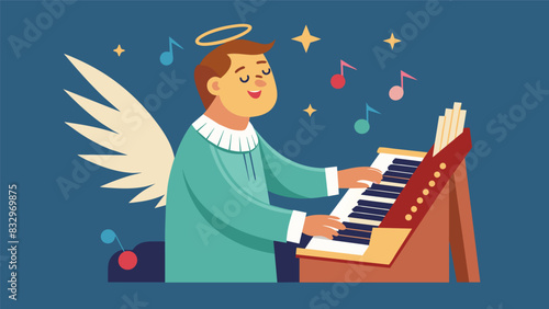 The church organists passion for music shines through as they enthusiastically play a upbeat version of Hark The Herald Angels Sing infusing the. Vector illustration