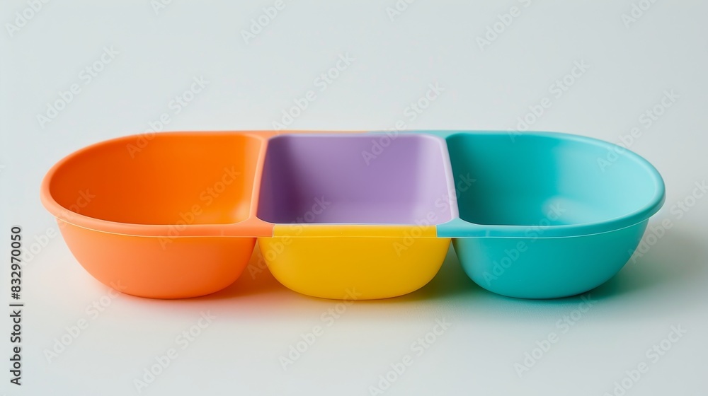 Close-up of a multicolor 5-compartment divided plate for kids, made from wheat straw, isolated background, studio lighting Close-up of a multicolor 5-compartment divided plate for kids, made from wheat straw, isolated background, studio lighting