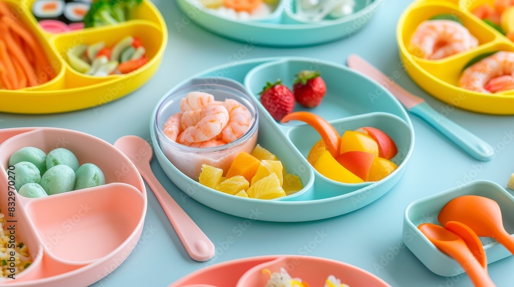 Close-up of a complete princess-themed toddler dinnerware set, including divided plates, utensils, and glass, with colorful meals, isolated background, studio lighting Close-up of a complete princess-themed toddler dinnerware set, including divided plates, utensils, and glass, with colorful meals, isolated background, studio lighting