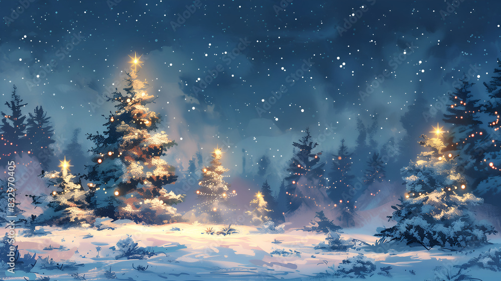 Christmas tree in the middle of an evergreen forest at night Christmas tree in the middle of an evergreen forest at night