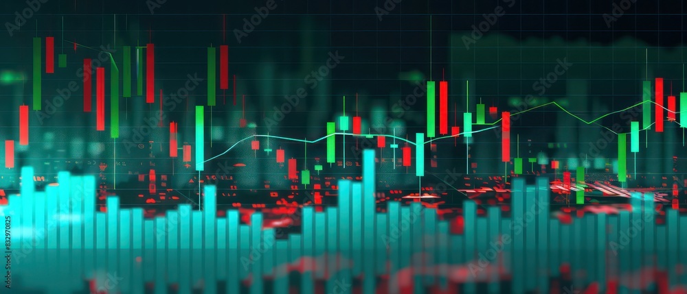 candlestick stock chart banner in green and red bars on a black background candlestick stock chart banner in green and red bars on a black background