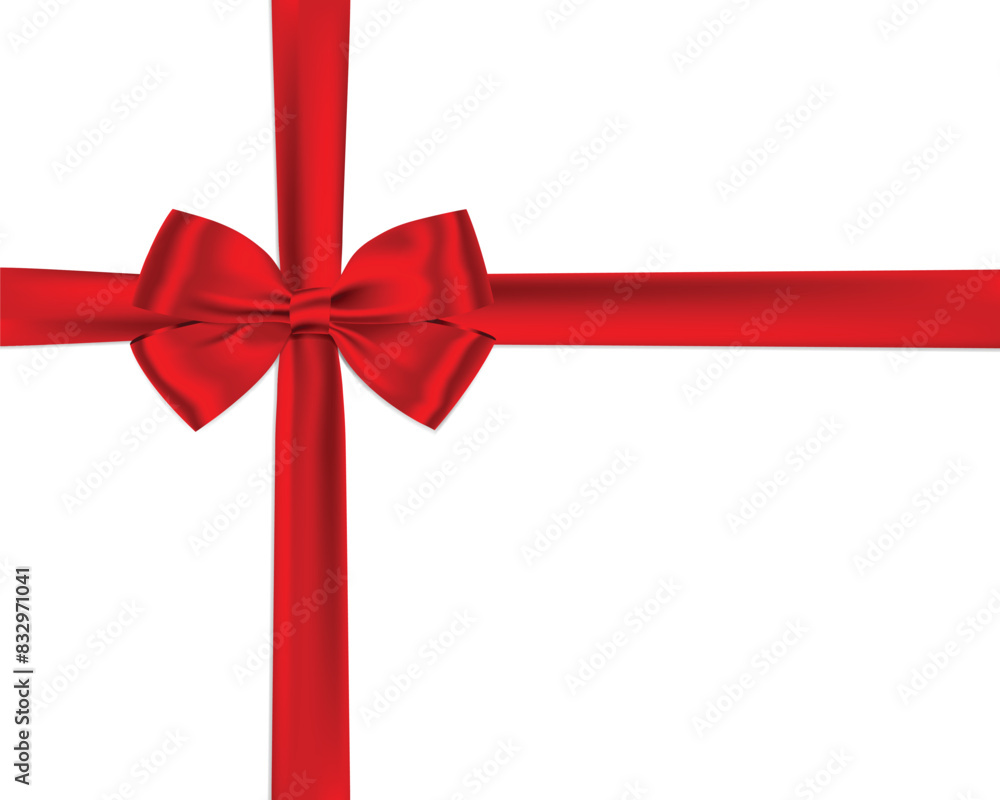 Red bow and ribbon cross tied realistic shiny satin for decorate your gift card or website vector with shadow, isolated on white background. Red bow and ribbon cross tied realistic shiny satin for decorate your gift card or website vector with shadow, isolated on white background.