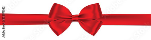 Red bow and ribbon realistic shiny satin for decorative your greeting card, gift or website, vector with shadow, isolated on white background.