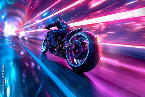 A futuristic motorcycle speeding through a neon-lit tunnel with a blurred cityscape in the background © crescent